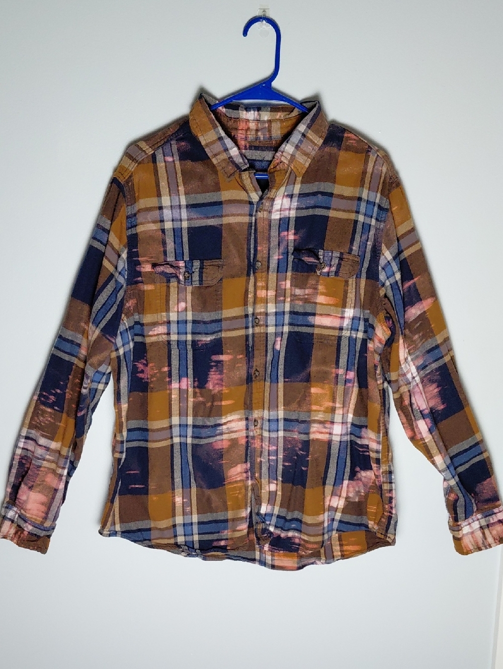 Boho Bleached Plaid Flannel Mustard Yellow Blue Cotton Button Down Shirt XL